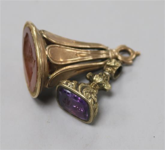 A 19th century gold overlaid carnelian set fob seal and one other fob seal.